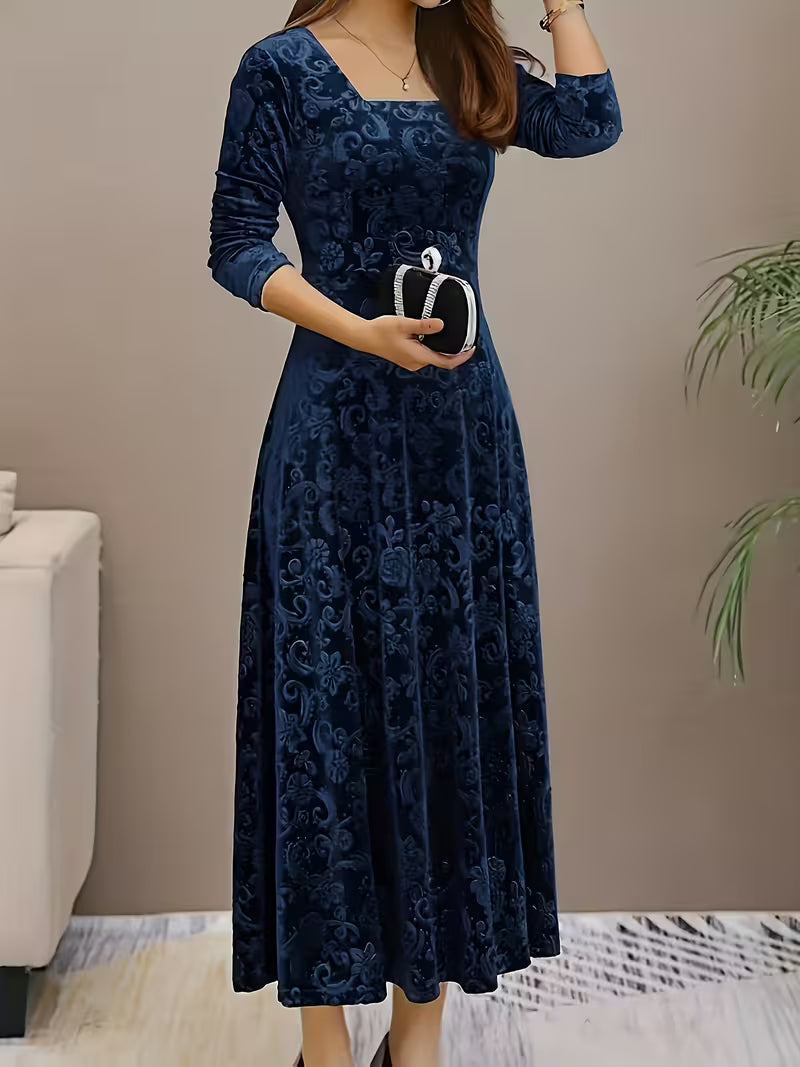 Velvet Floral Pattern Long-Sleeve Dress with a Square Neckline for The New Year, Elegant Design