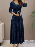 Velvet Floral Pattern Long-Sleeve Dress with a Square Neckline for The New Year, Elegant Design