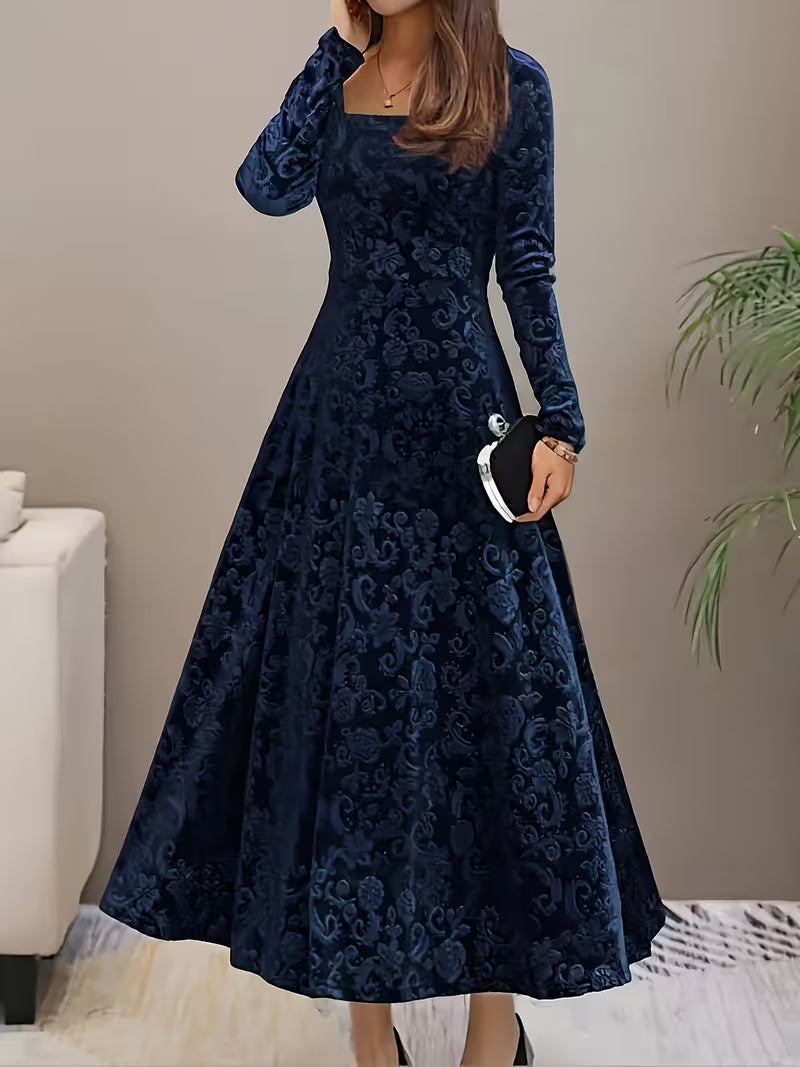 Velvet Floral Pattern Long-Sleeve Dress with a Square Neckline for The New Year, Elegant Design