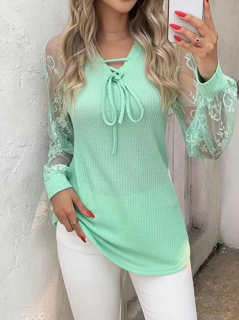 Women's Fashion Elegant Commuter Comfortable Breathable Semi-Sheer Lace Pullover V-Neck Tie Long Sleeve Longline Top