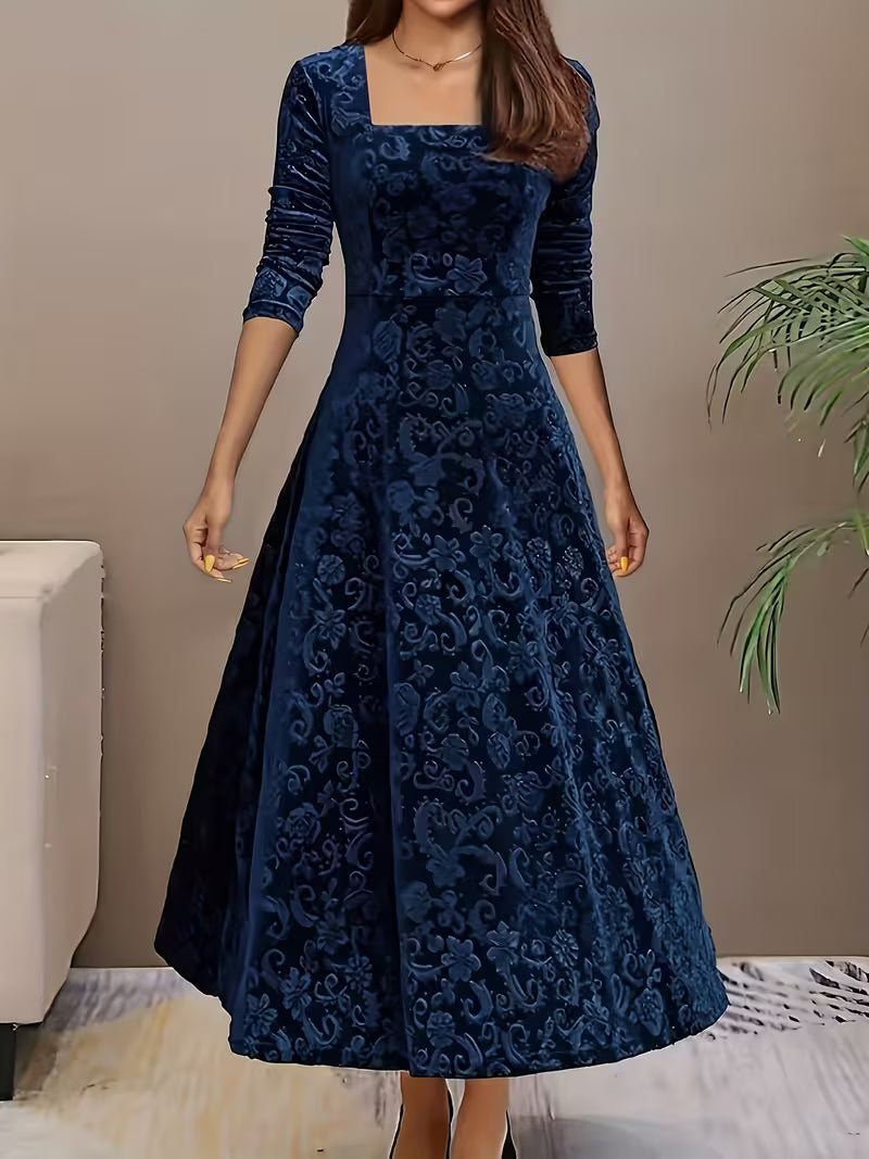 Velvet Floral Pattern Long-Sleeve Dress with a Square Neckline for The New Year, Elegant Design