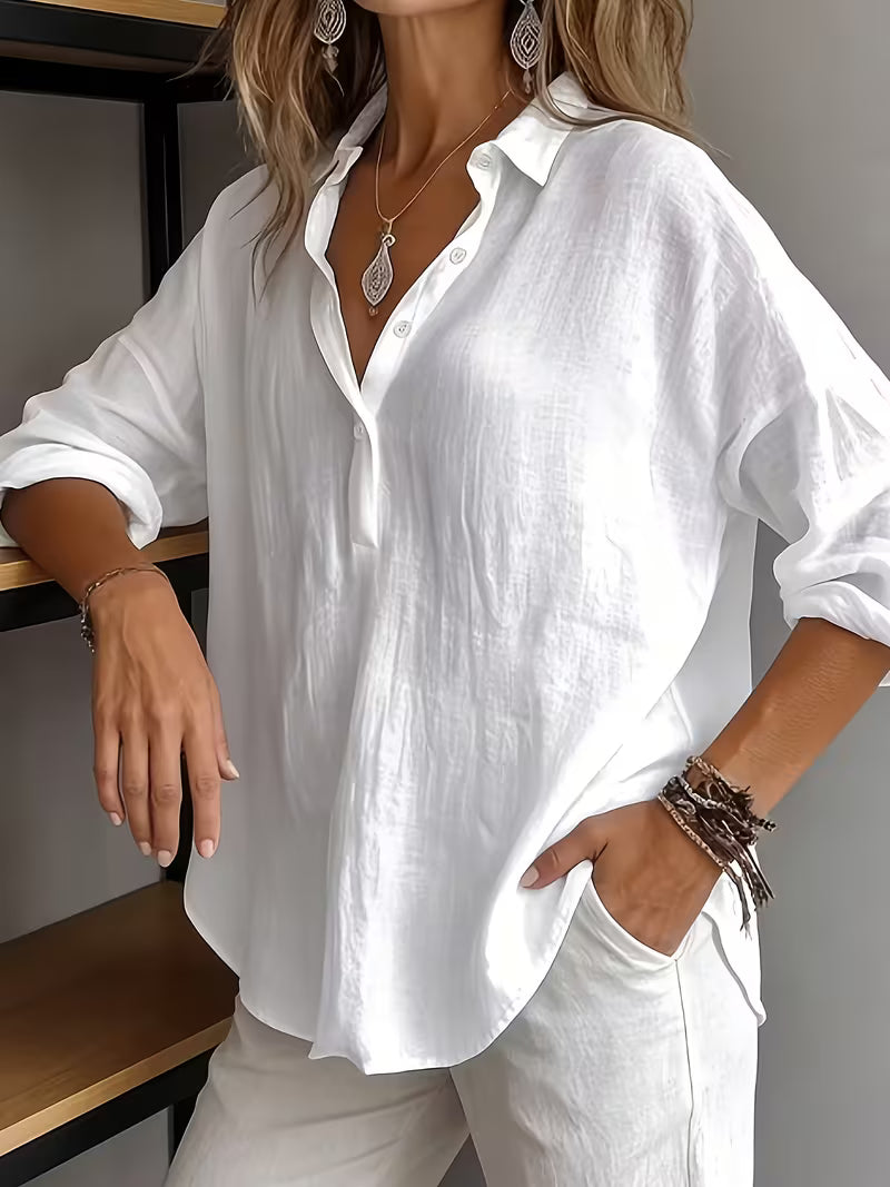 Elegant Comfortable Women'S Long Sleeve Shirt | Casual V-neck Button, Breathable Solid Color, Versatile for Office and Leisure, All-season Fit