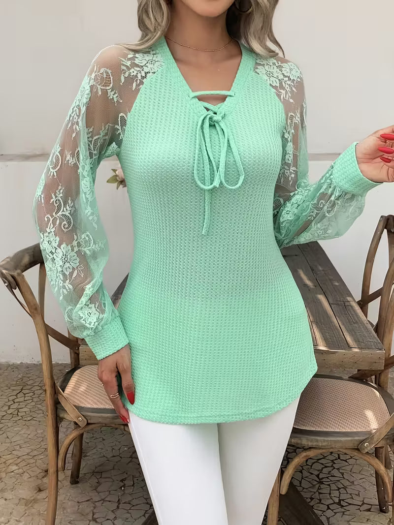 Women's Fashion Elegant Commuter Comfortable Breathable Semi-Sheer Lace Pullover V-Neck Tie Long Sleeve Longline Top