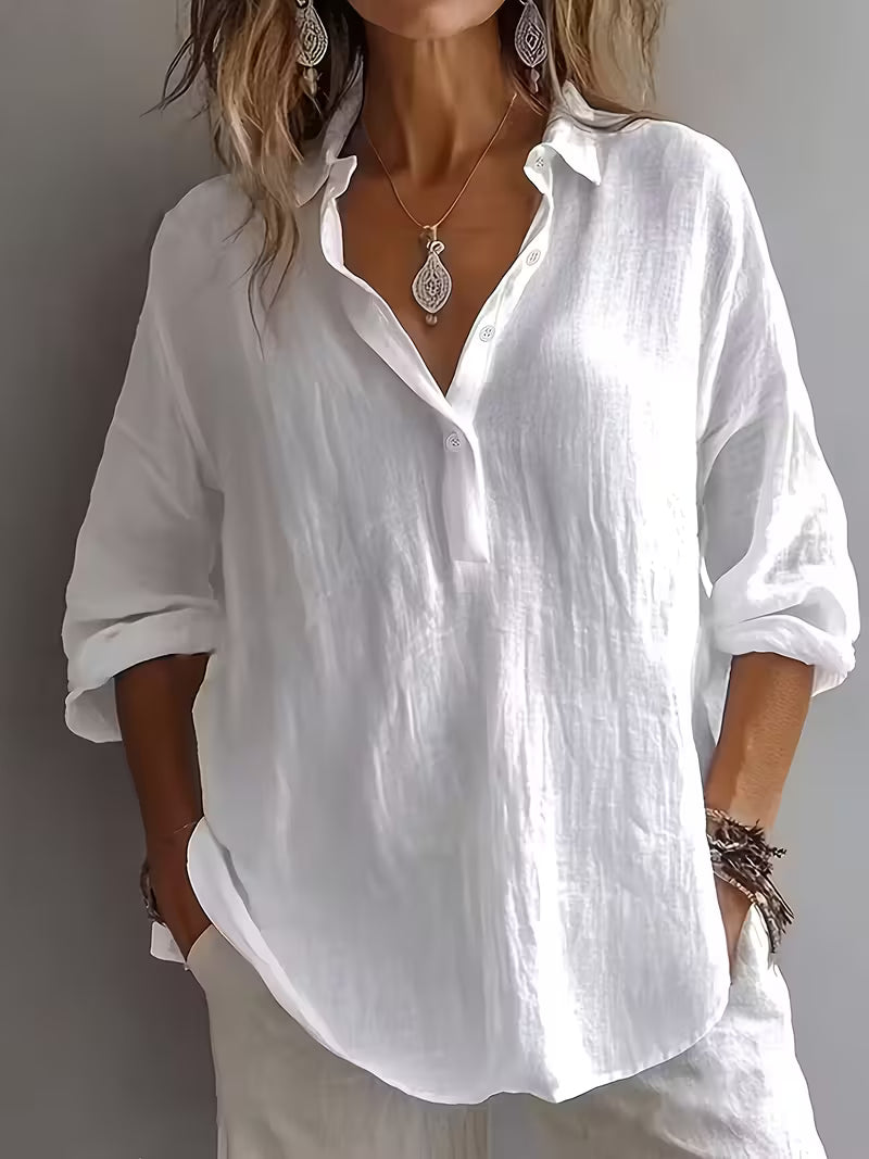 Elegant Comfortable Women'S Long Sleeve Shirt | Casual V-neck Button, Breathable Solid Color, Versatile for Office and Leisure, All-season Fit