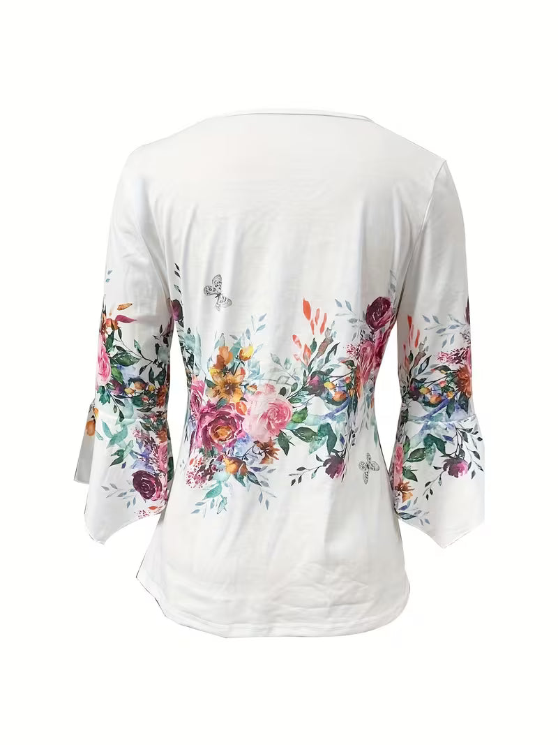 Women's Vintage Floral Print V-Neck Blouse - Smooth Polyester Knit Fabric, Micro Elasticity - Summer Casual Wear | Button Front | Machine Washable
