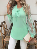 Women's Fashion Elegant Commuter Comfortable Breathable Semi-Sheer Lace Pullover V-Neck Tie Long Sleeve Longline Top