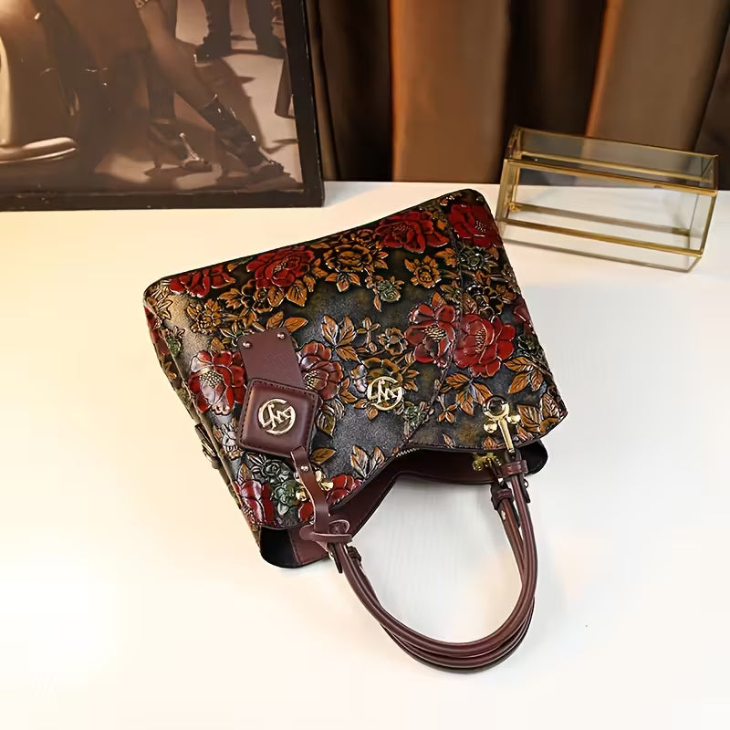 Floral Handbag for Wo, Autumn Winter New Arrival, Hand-Painted Tote with Zipper Closure, Elegant Mom Purse